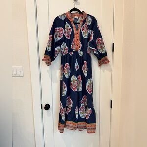 Umgee Navy and Coral Floral 3/4 Sleeve Dress